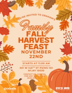 poster announcing family fall harvest feast decorated with pumpkins and fall leaves. 